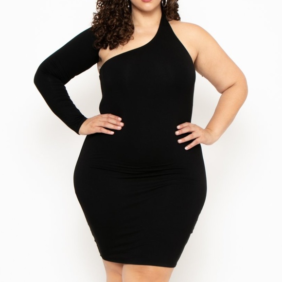 PLUS SIZE ONE SLEEVE ASYMMETRIC DRESS- BLACK - Picture 1 of 2